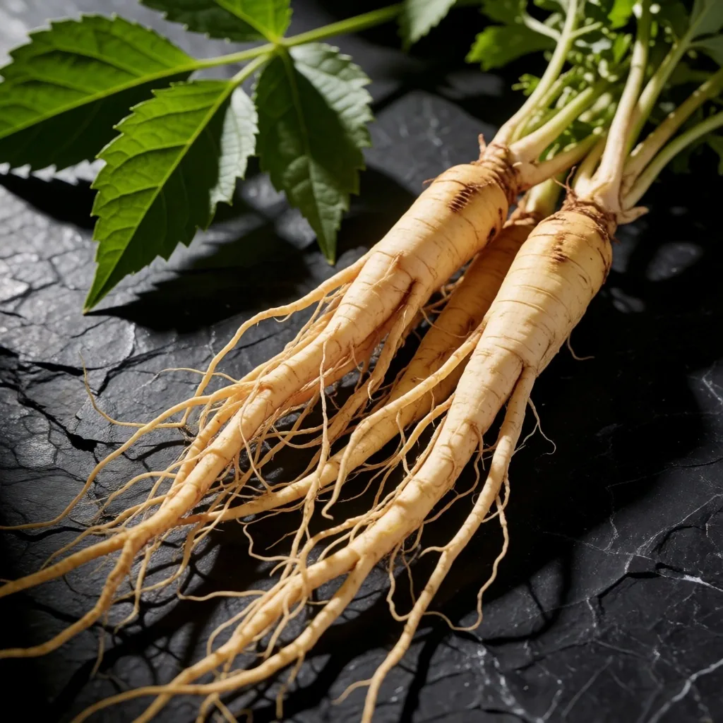 Fresh ginseng root on dark stone surface, botanical macro study