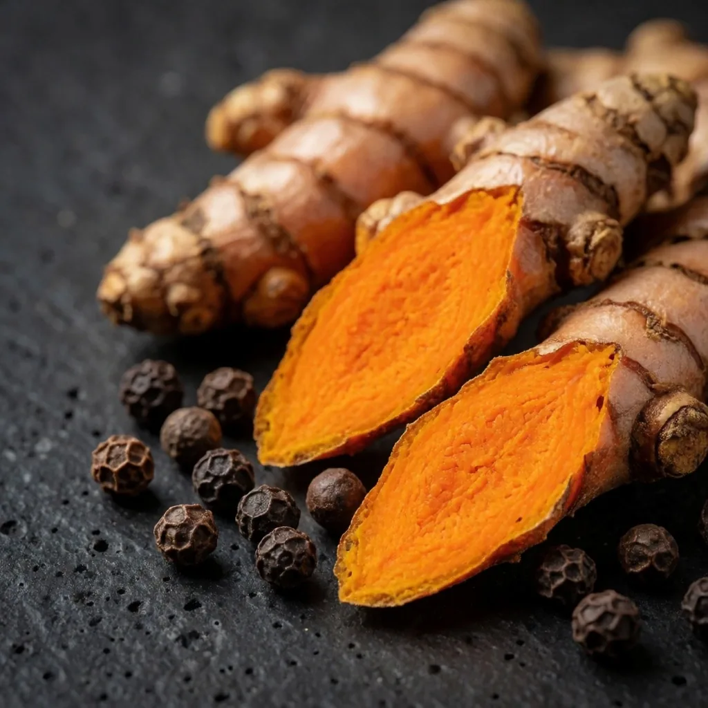 Fresh turmeric root cross-section on dark stone
