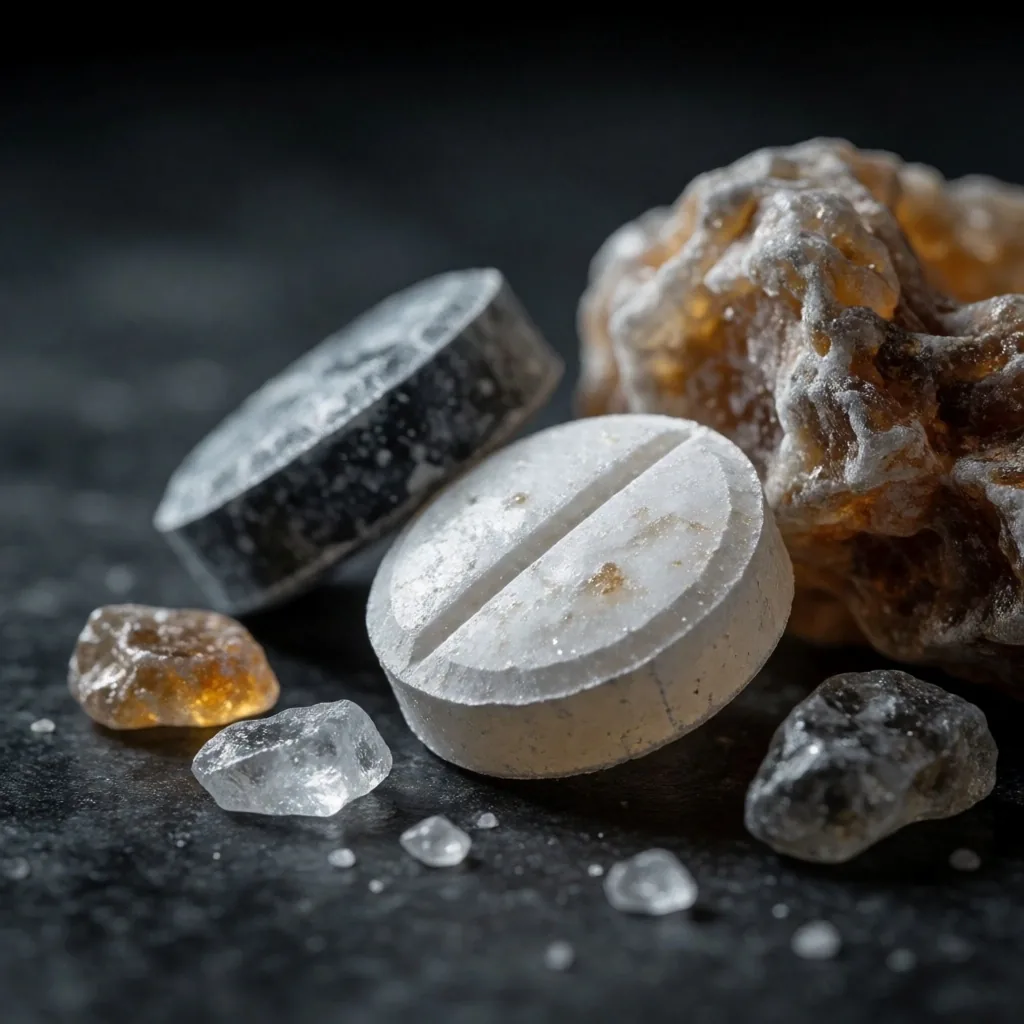 Crushed mineral crystals arranged on a dark surface