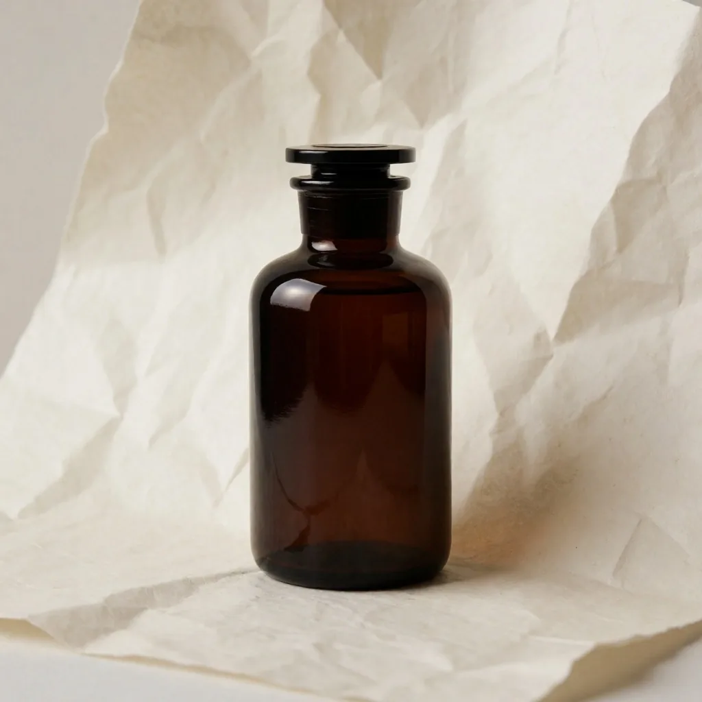 Amber glass supplement bottle on a pale surface