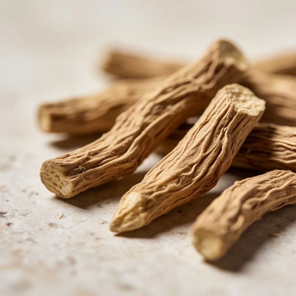 Raw ashwagandha root specimen on a pale surface